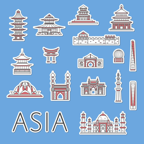 Asian traveling labels with famous architectural attractions in linear style. Torii Gate, Great Wall, Taj Mahal, pagoda symbols isolated on blue background. Touristic advertising, worldwide tourism