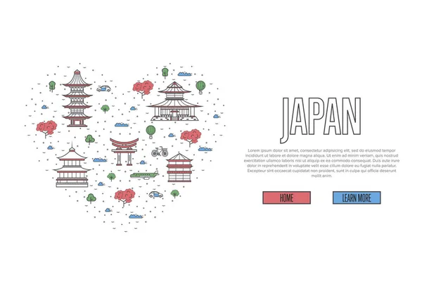 Adore Affiche Japon Avec Des Attractions Célèbres Dans Cadre Cœur — Image vectorielle