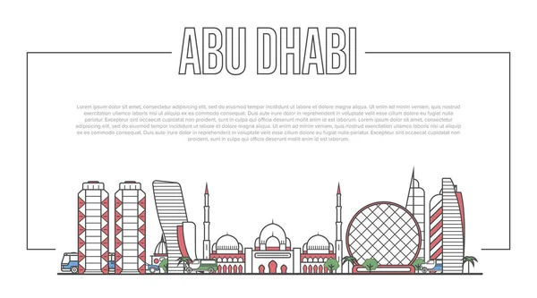 Панорама Міста Абу Дабі Відомою Сучасною Давньою Архітектурою Лінійному Стилі — стоковий вектор