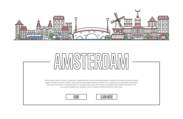 Travel Amsterdam Vector Composition Famous Architectural Landmarks Linear Style Holland — Stock Vector