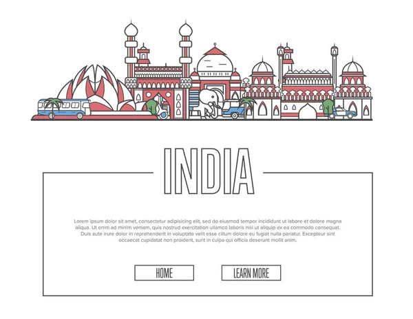 Viajar Composición Vectorial India Con Famosos Monumentos Arquitectónicos Estilo Lineal — Vector de stock