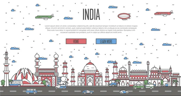 Indische Skyline Mit Nationalen Wahrzeichen Trendigen Linearen Stil Weltreisendes Vektorkonzept — Stockvektor