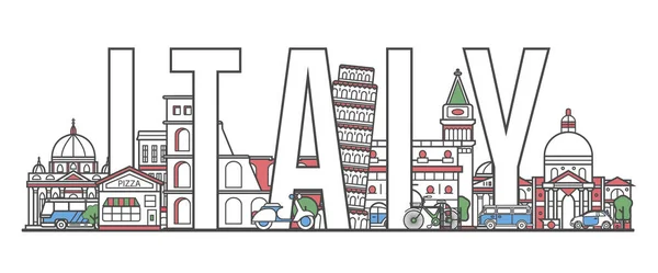 Italië Reizen Belettering Met Beroemde Architectonische Monumenten Lineaire Stijl Wereldwijd — Stockvector