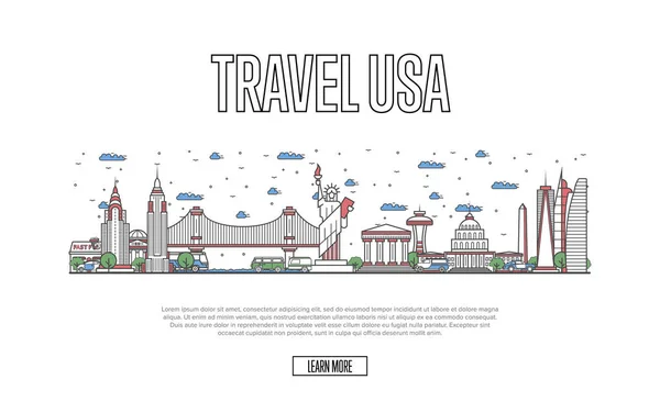 Travel USA poster with architectural attractions in linear style. Worldwide traveling and time to travel concept. American skyline with famous landmarks, country tourism and journey vector background.