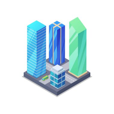 Gökdelenlerin izometrik üç boyutlu ikonuna sahip modern şehir. Daire, ofis, evler ve sokaklar eşya dolu. Düşük poli binalar vektör çizimi.