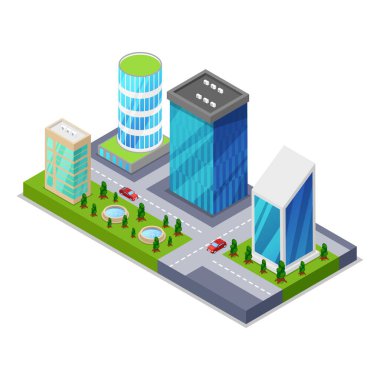 Modern şehir bölgesi izometrik 3D simgesi. Gökdelenler, apartmanlar, işyerleri, evler ve caddeler nesneler. Düşük poli binalar vektör çizimi.