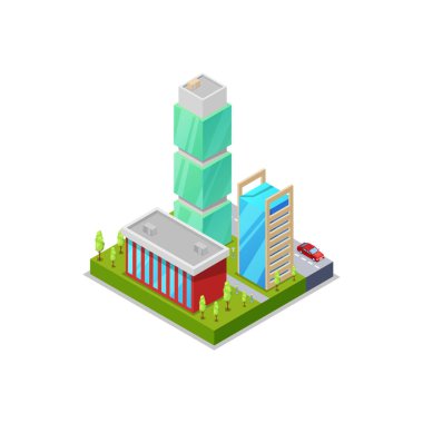 Modern kentsel çeyrek izometrik üç boyutlu ikon. Gökdelenler, apartmanlar, işyerleri, evler ve caddeler nesneler. Düşük poli binalar vektör çizimi.