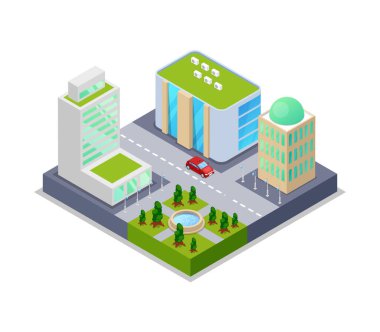 Kentsel emlak izometrik 3D ikonu. Gökdelenler, apartmanlar, işyerleri, evler ve caddeler nesneler. Düşük poli binalar vektör çizimi.