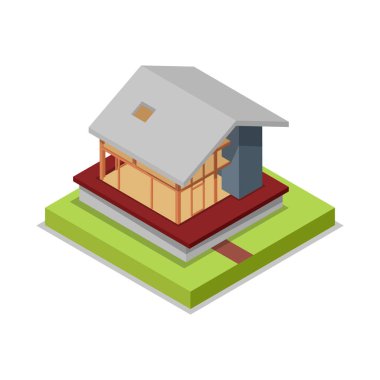 Ev iskeleti izometrik üç boyutlu simge. Kır evlerinin inşaat aşamaları, kırsal emlak inşa etme vektör illüstrasyonunun düşük polimerli modeli.