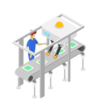 İzometrik 3D montaj hattının yanındaki küçük çocuk. Sanayi ürünleri üretimi, işçilerin üretim süreci ile mekanik taşıyıcı, üretim hattı vektör illüstrasyonu.