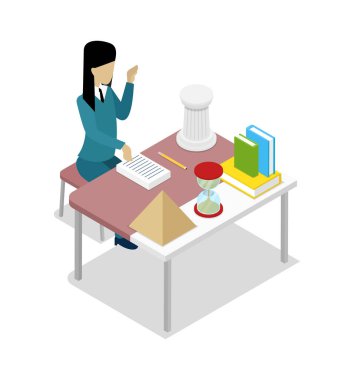 İşyerindeki izometrik 3D ikonunda öğretmen resim öğretiyor. Masada oturan genç bir kadın, izleyici vektörü illüstrasyonunda okuyan bir öğrenci.