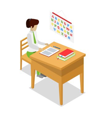 İşyerindeki izometrik 3D ikonunda öğretmen dili öğretiyor. Masada oturan genç bir kadın, izleyici vektörü illüstrasyonunda okuyan bir öğrenci.