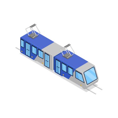 Mavi tramvay izole edilmiş üç boyutlu ikon. Şehir taşımacılığı, şehir aracı, şehir ve kırsal trafik vektörü illüstrasyonu.