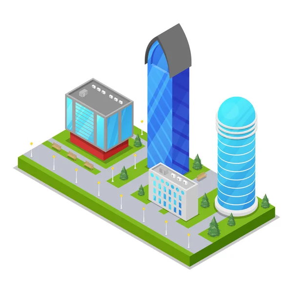 Stadsdeel Met Wolkenkrabbers Isometrische Pictogram Appartement Kantoor Huizen Straatobjecten Lage — Stockvector