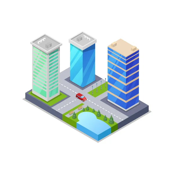 Downtown District Isometric Icon Skyscrapers Apartment Office Houses Streets Objects — Stock Vector