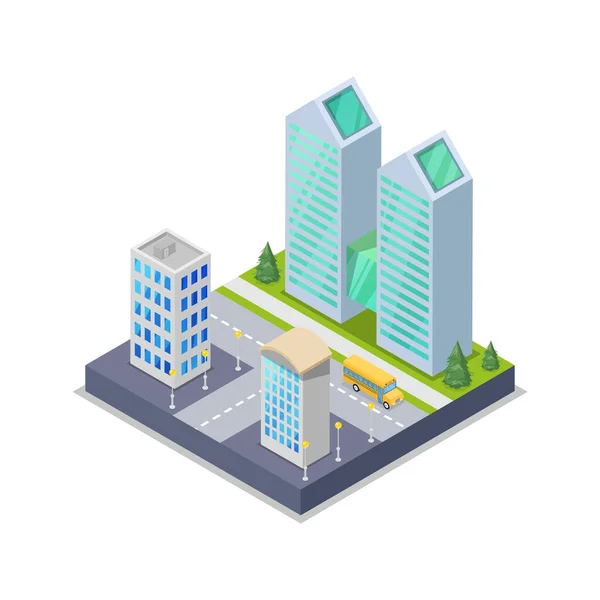 Modern Town District Isometric Icon Skyscrapers Apartment Office Houses Streets — Stock Vector