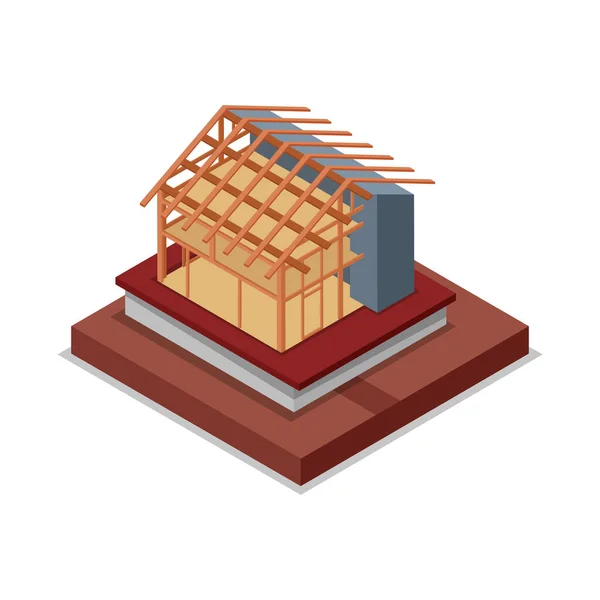 房屋的屋顶和墙壁框架等距3D图标 农村住宅的建设阶段 低多重模式的农村房地产建设病媒说明 — 图库矢量图片