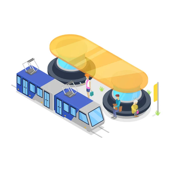 トラムは等角3Dアイコンを停止します 市の公共交通機関 近代的な町の待合所 車両ベクトル図と都市と田舎の交通の概念 — ストックベクタ