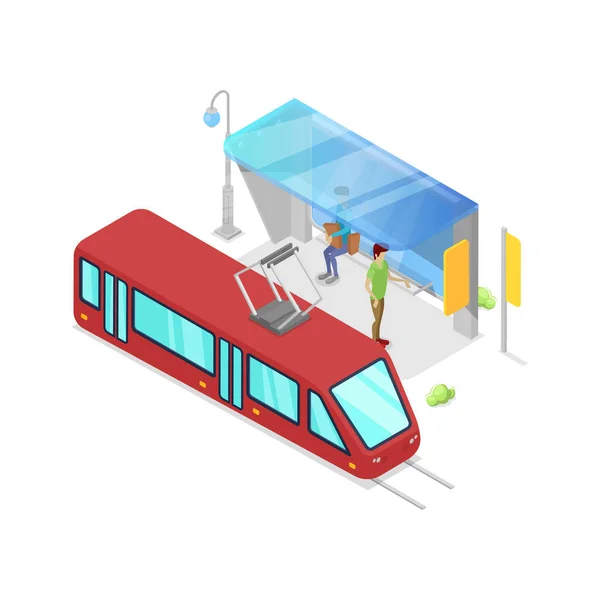 Trolley Izometrik Boyutlu Ikon Şehir Toplu Taşımacılığı Modern Kasaba Bekleme — Stok Vektör