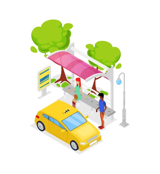 Taxi Bil Stopp Isometrisk Ikon City Kollektivtrafik Modern Stad Väntar — Stock vektor