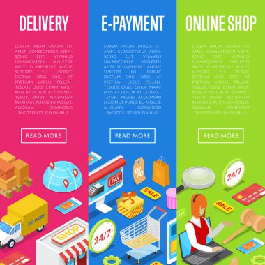 Çevrimiçi alışveriş ve e-ödeme izometrik 3D posterler. Alışveriş çantası, kredi kartı, mal ve ürünler içeren e-alışveriş konsepti. Mobil pazarlama, hızlı ev dağıtım vektör ilüstrasyonu.