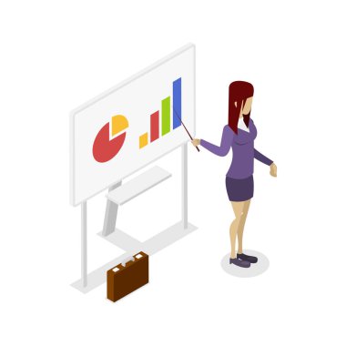 İş sunumu izometrik 3D simgesi. Kurumsal ofis hayatı, beyaz tahtaya yakın genç bir kadın..