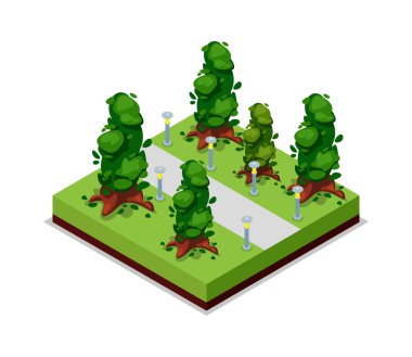 Park yolu ve ağaçlar izometrik üç boyutlu ikon. Kamu parkı dekoratif bitki ve yeşil çim vektör çizimi. Yaz parkı peyzaj tasarımı için doğa haritası ögesi.