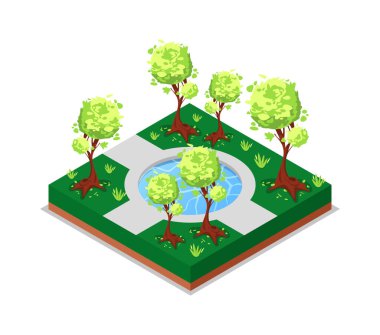 Park izometrik 3D ikonunda su havuzu. Kamu parkı dekoratif bitki ve yeşil çim vektör çizimi. Yaz parkı peyzaj tasarımı için doğa haritası ögesi.