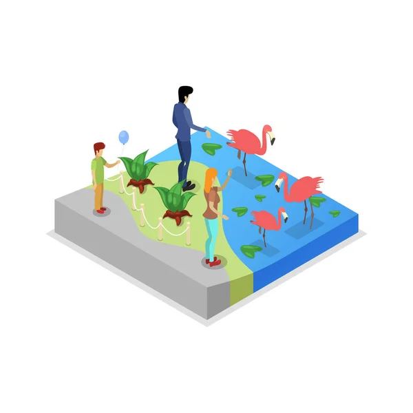 Cage Flamingos Isometric Icon Public Zoo Wild Animals People Landscape — Stock Vector