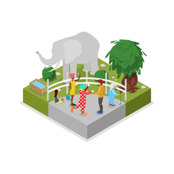Клітка Ізометричною Піктограмою Слона Громадський Зоопарк Дикими Тваринами Людьми Ландшафт — стоковий вектор