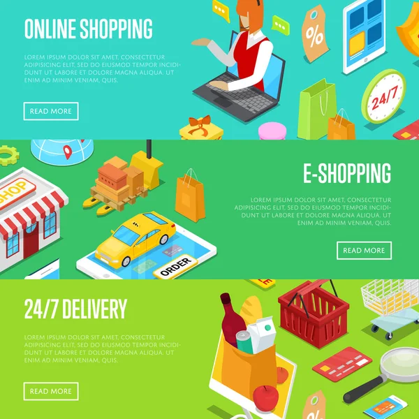 Online Ψώνια Ισομετρική Αφίσες Που Shopping Concept Τσάντα Αγορών Πιστωτική — Διανυσματικό Αρχείο