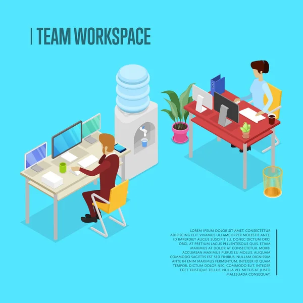 Moderne Teamwerkplek Isometrische Poster Bedrijfsleven Concept Met Drukke Zakenmensen Werken — Stockvector