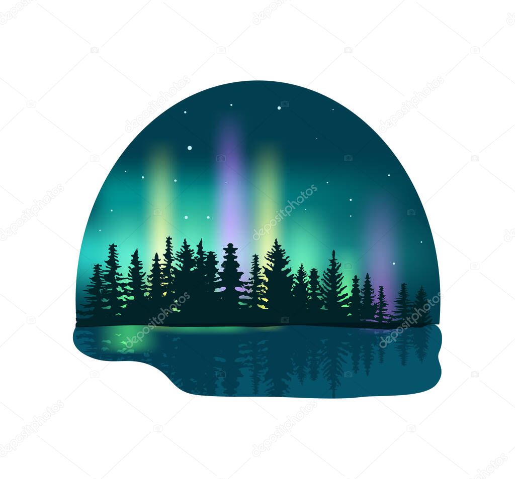 Northern lights over deep forest isolated icon. Colorful aurora borealis vector illustration in cartoon style.