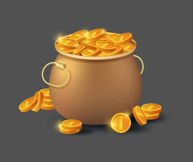 Eski bronz tencere ikonunda altın sikkeler. Büyük kar ve tasarruf konsepti, banka mevduatı, karikatür tarzında finansal başarı vektör illüstrasyonu.