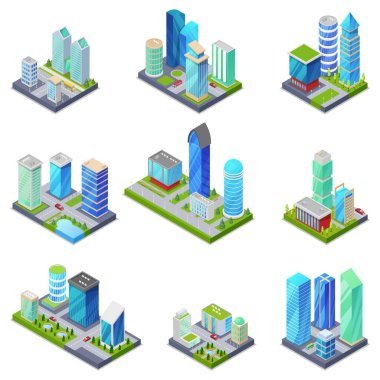 Isometric 3D yaz şehir merkezini ayarladı. Gökdelenler, apartmanlar, işyerleri, evler ve caddelerde ağaçlı ve doğa objeli araba trafiği. Düşük poli binalar vektör çizimi.