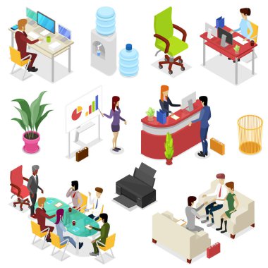 Isometric 3D şirket hayatını belirledi. Takım çalışması ve fikir üretimi, iş sunumu, şirket resepsiyon standı, ofis yöneticisi, müşterilerle iş görüşmesi kavramsal vektör illüstrasyonu.