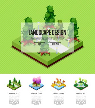 Doğal park manzarası tasarımı izometrik bilgi grafikleri. Çiçekli yatak, yeşil çimenli ve ağaçlı çimenler, park yolu ve banklar. Dekoratif bitki vektör illüstrasyonlu halka açık park alanı