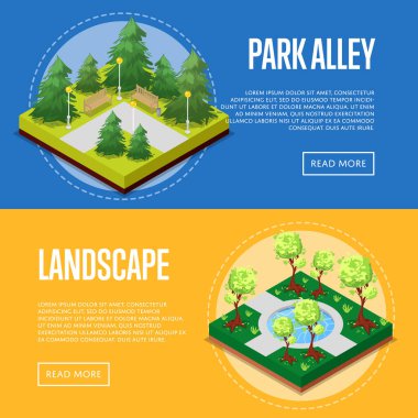 Park tasarımı izometrik posterler. Yeşil çimenli ve ağaçlı tarla, havuzlu su, park sokakları, patikalar ve banklar. Dekoratif bitkilerle halka açık park alanı, doğal eğlence vektörü illüstrasyonu.