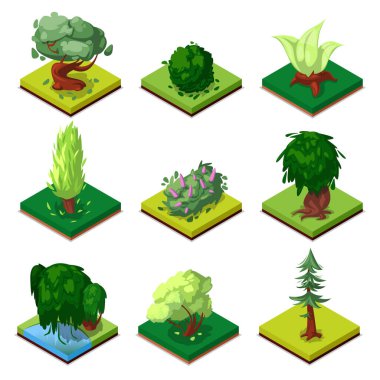 Kamu parkı dekoratif ağaçları üç boyutlu izometrik set. Meşe, çam, çam, çalı, söğüt, kayın, kavak, yeşil çimen, vektör çizimleri. Yaz parkı peyzaj tasarımı için doğa elementleri koleksiyonu.