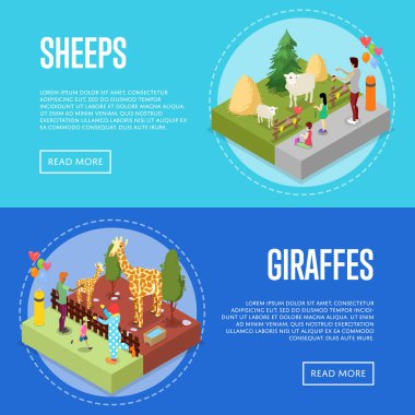 Vahşi hayvanlar ve izometrik 3 boyutlu posterleri olan bir hayvanat bahçesi. İnsanlar kafeslerdeki koyunların ve zürafaların yanında. Peyzaj tasarımı için hayvanat bahçesi altyapısı unsurları, açık hava eğlence vektörü illüstrasyonu