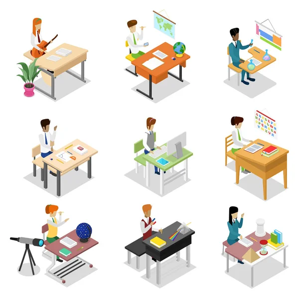 オフィスや教室でテーブルに座っている人は 等身大3Dセット 文書やコンピュータ 科学研究 教師教育 聴衆のベクトル図で宿題をする学生との作業 — ストックベクタ