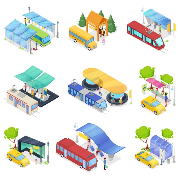 Isometrische Set Öffentlichen Nahverkehr Moderne Städtische Haltestellen Für Bus Taxi — Stockvektor