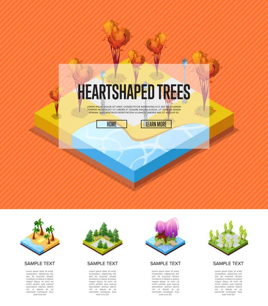 Parkzone Met Hartvormige Bomen Isometrische Infographics Bloemenbed Palmbomen Het Strand — Stockvector