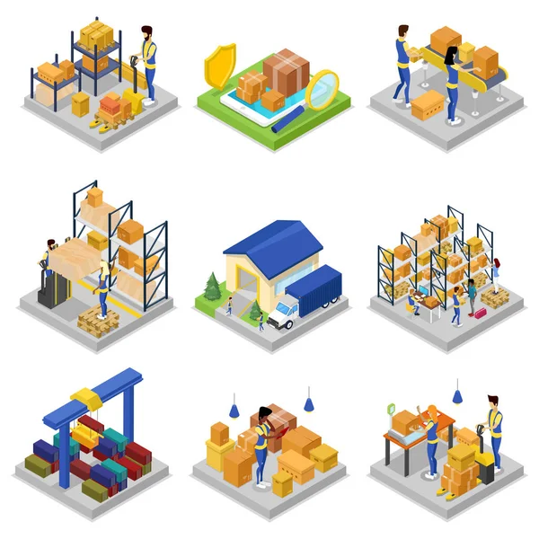 การจ ดการคล Isometric โกด าและการกระจายส การจ รวดเร การขนส งพาณ องถ — ภาพเวกเตอร์สต็อก