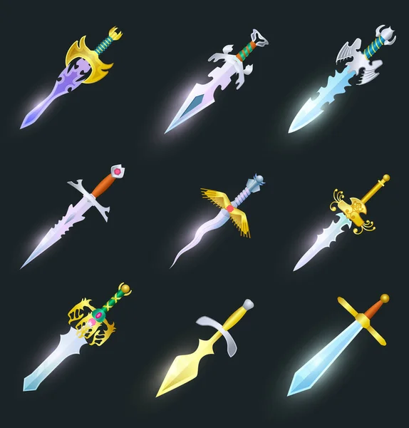 Conjunto Ícones Desenhos Animados Espadas Mágicas Coleção Arma Decoração Para —  Vetores de Stock