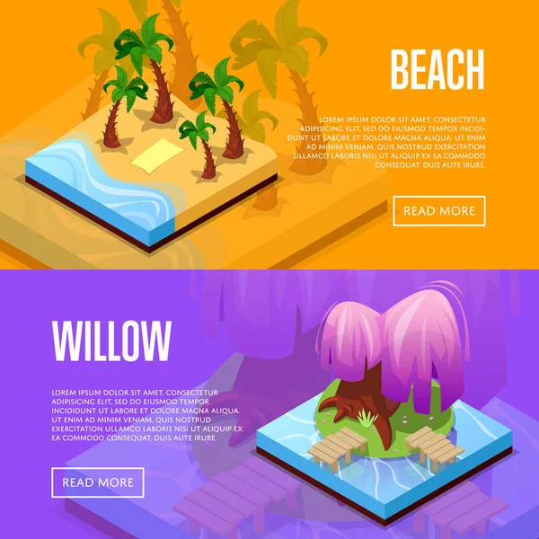 Park design isometric posters. Palm trees on beach, island with green grass and purple willow. Public parkland zone landscape with decorative plants, outdoor natural recreation vector illustration. — Stock Illustration Park Design Isometric Posters Palm Trees Beach Island Green Grass Royalty Free Stock Vectors