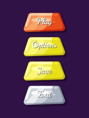 Bilgisayar oyunu menü navigasyon nesneleri koleksiyonu. Oynat, kaydet, seçenekleri kaydet ve çizgi film düğmelerinden çık. Parlak kullanıcı tasarımı seti, uygulamalı grafiksel kullanıcı menüsü arayüzü izole edilmiş vektör çizimi.