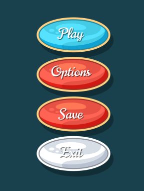 Bilgisayar oyunu menüsü için yaratıcı navigasyon kartı. Oynat, kaydet, seçenekleri kaydet ve çizgi film düğmelerinden çık. Parlak kullanıcı tasarımı seti, uygulamalı grafiksel kullanıcı arayüzü, navigasyon nesneleri izole edilmiş vektör illüstrasyonu.