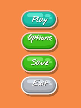 App graphical user interface cartoon design set. Play, save, options and exit original buttons. Bright user navigation objects, computer game menu collection isolated vector illustration. clipart