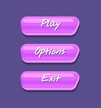 Cool shiny computer game menu interface collection. Play, options and exit cartoon buttons. Bright user design set, app graphical user interface, navigation objects isolated vector illustration. clipart